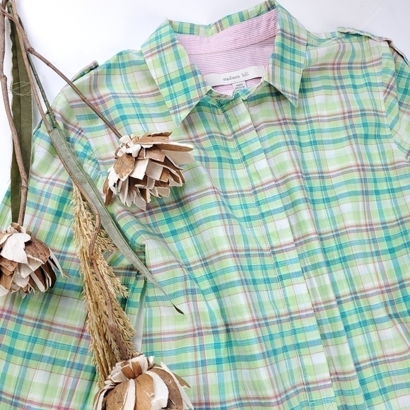 Madison Hill Green Pink Plaid Casual Button Down Shirt Sz Medium Petite - Picture 11 of 12